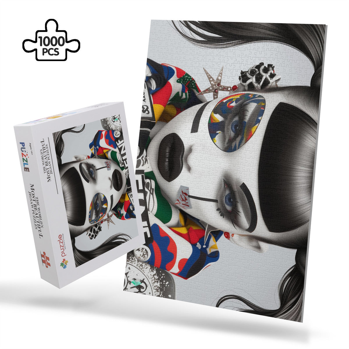 Fashion Quinn Puzzle features a striking black and white face art design by @shinjoku13, available in 500 or 1000 pieces for a creative challenge.