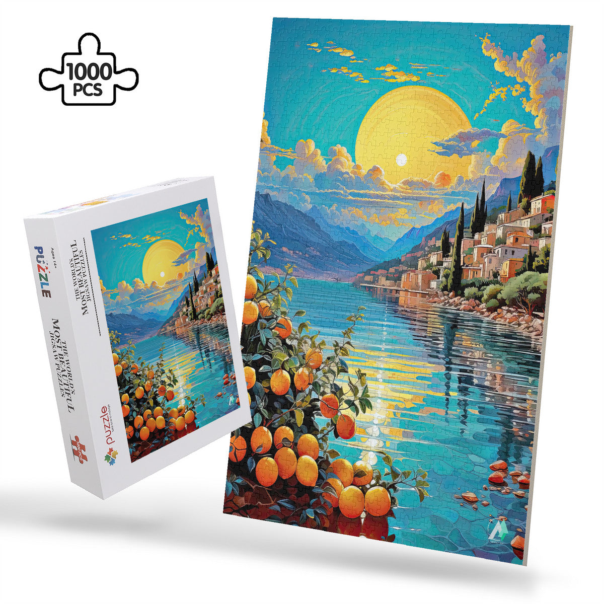 Surreal Menton Puzzle featuring a cityscape by water, oranges on trees, and sunset, available in 500 or 1000 pieces.