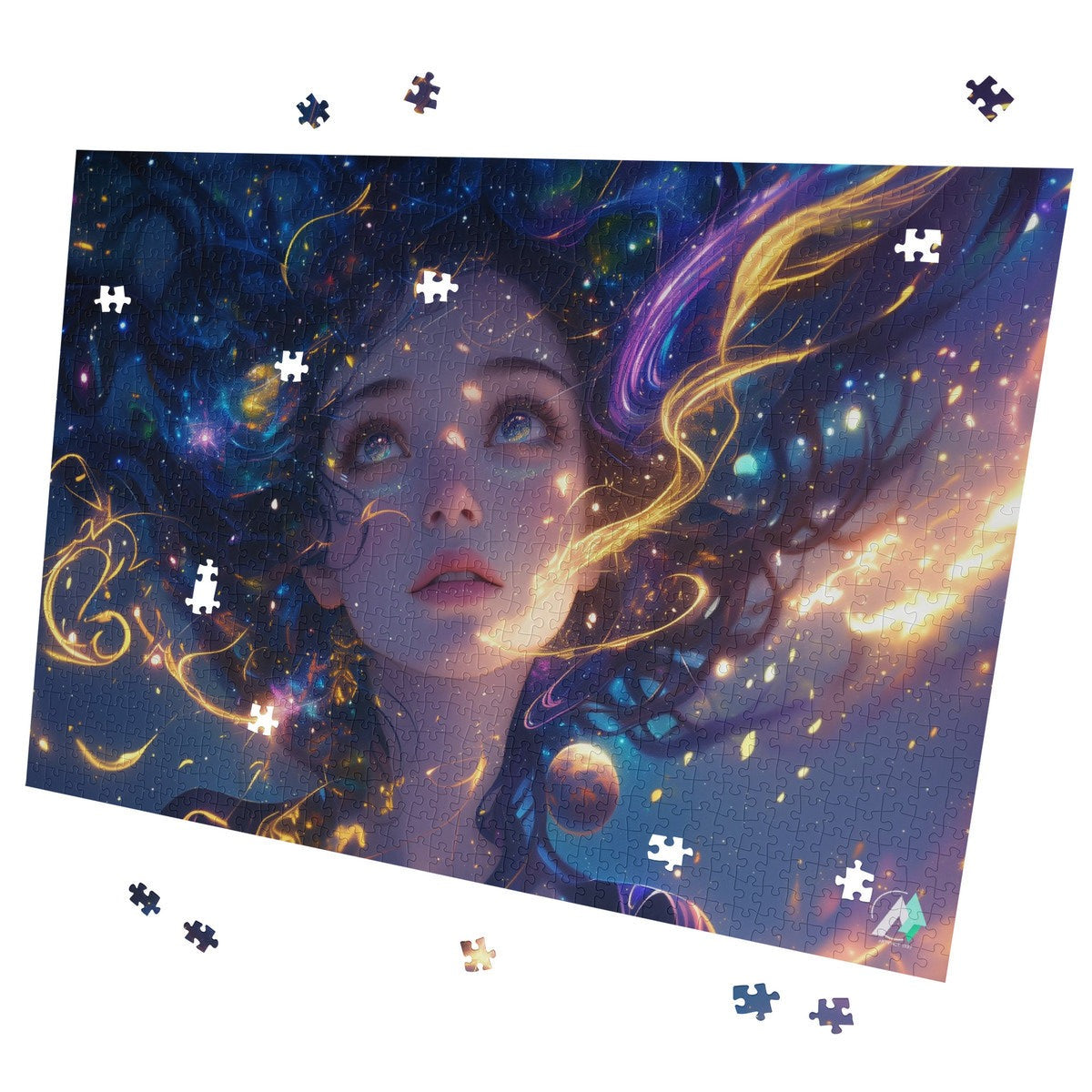 Cosmic Serenity I Puzzle features a colorful-haired girl in a fantastical scene, available in 500 or 1000 pieces, crafted on premium ivory cardboard.