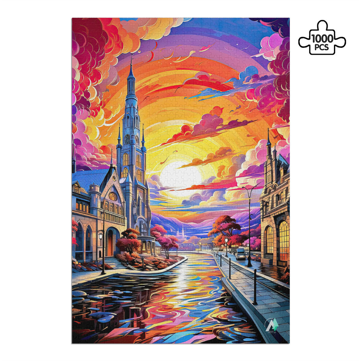 Canal of Colors Puzzle, featuring a vibrant canal scene by artist @iguana_nick. Available in 500 and 1000 pieces, crafted from premium cardboard.