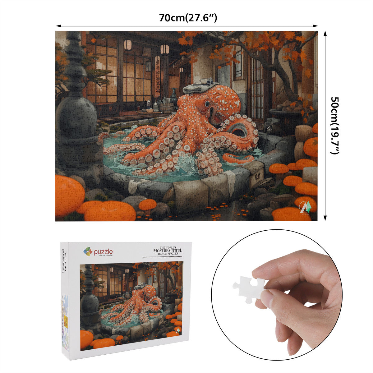 Octopus Bathhouse Puzzle featuring a whimsical octopus illustration, available in 500 or 1000 pieces, crafted from premium ivory cardboard with a satin finish.