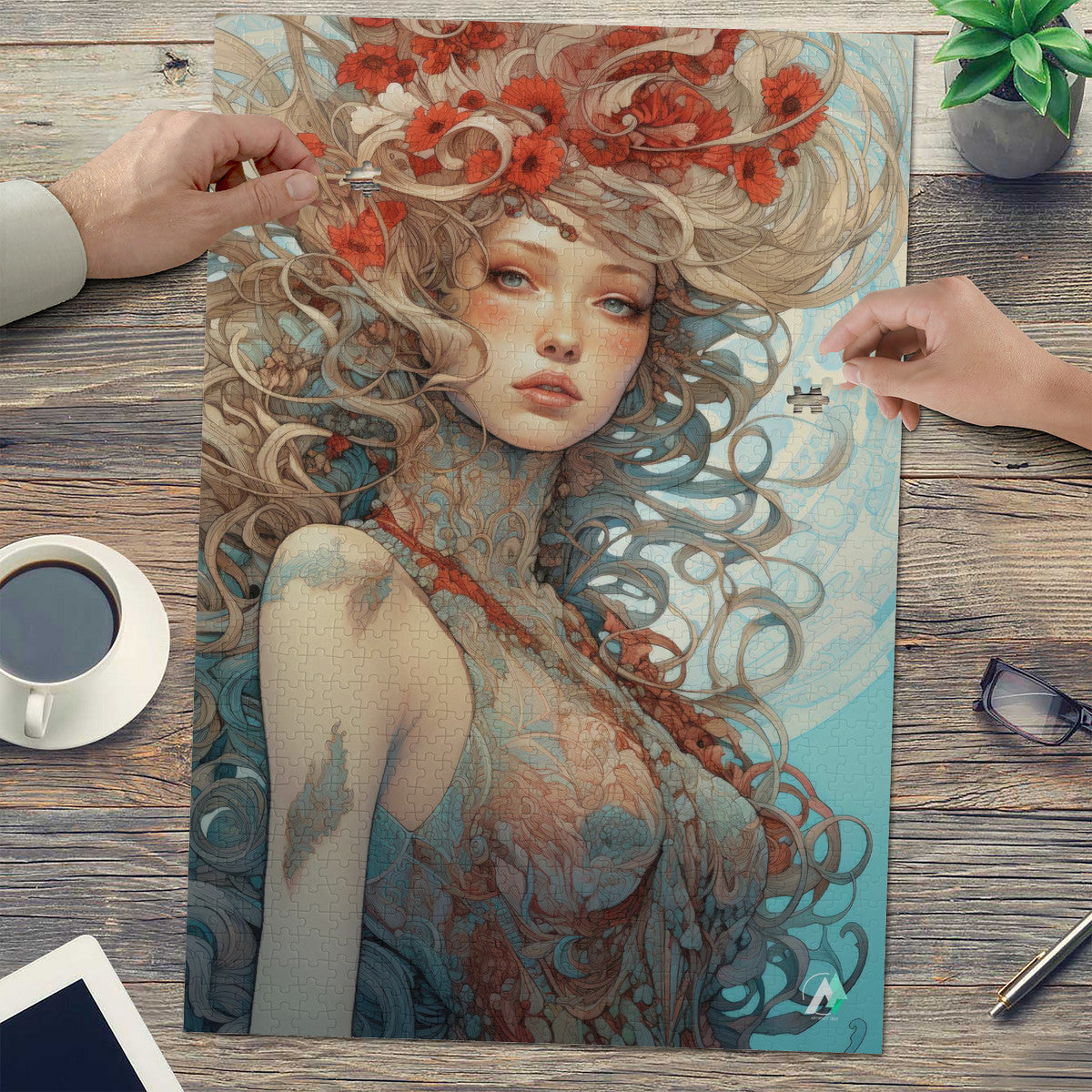 Beauty in Bloom II Puzzle features a woman's portrait with flowers in her hair, available in 500 and 1000 pieces, crafted from premium ivory cardboard.