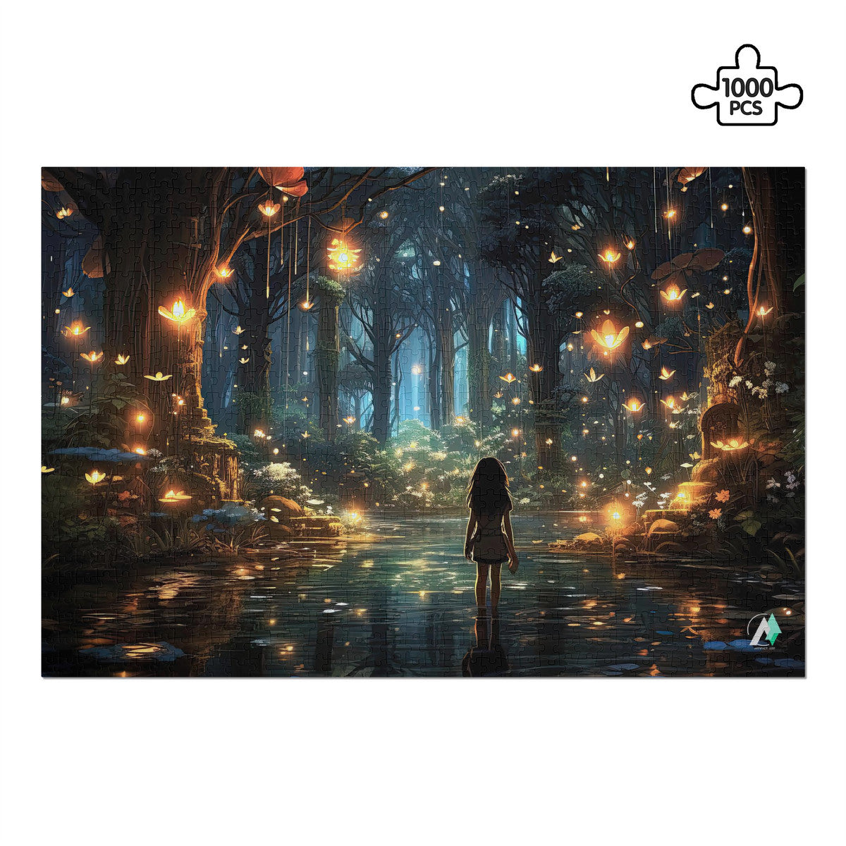 Forest of Magic I Puzzle featuring a girl in a mystical forest, available in 500 or 1000 pieces, made from premium ivory cardboard with a satin finish.