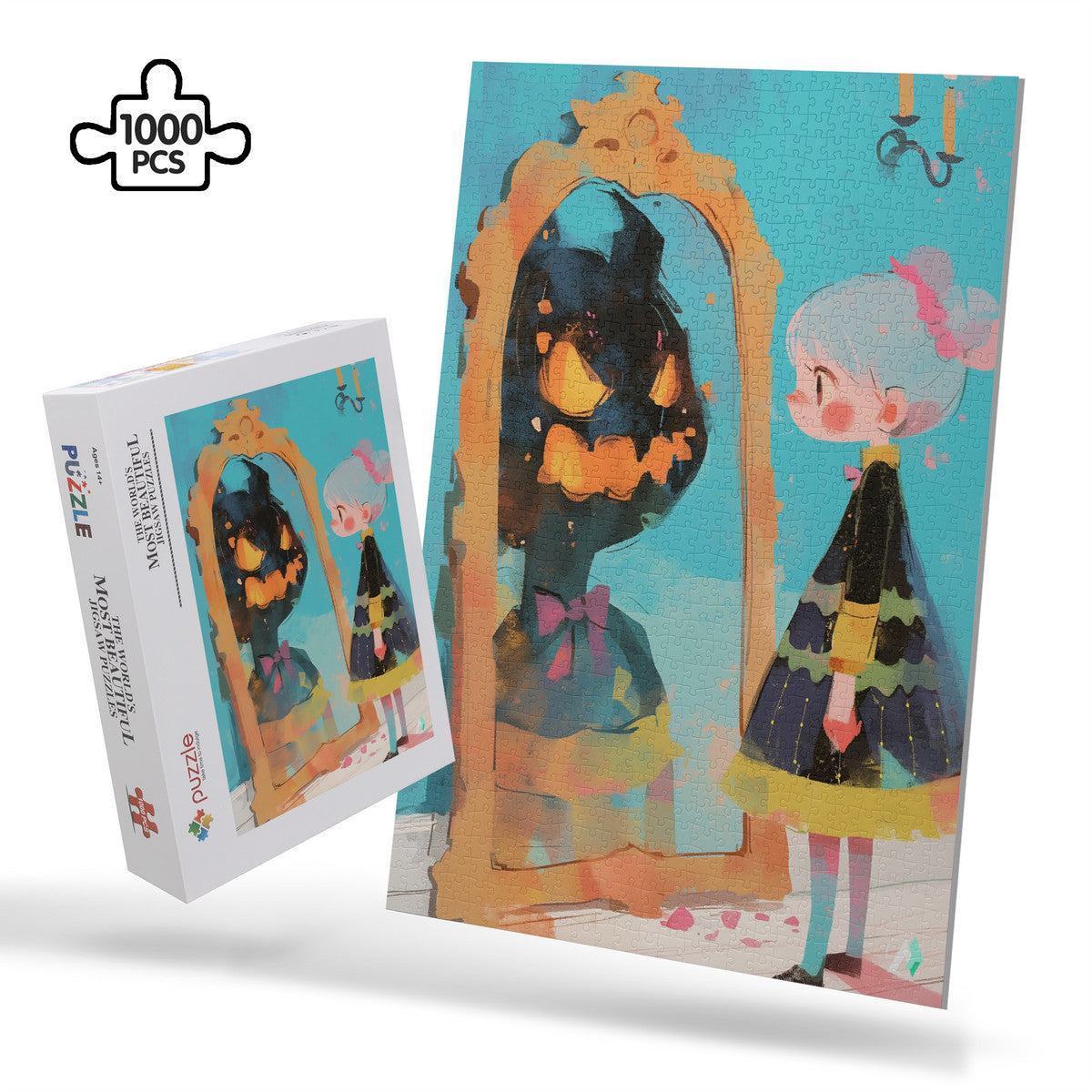 Little House of Horrors VI Puzzle featuring a girl gazing at a mirror with a monster gazing back, available in 500 or 1000 pieces, crafted from premium ivory cardboard.