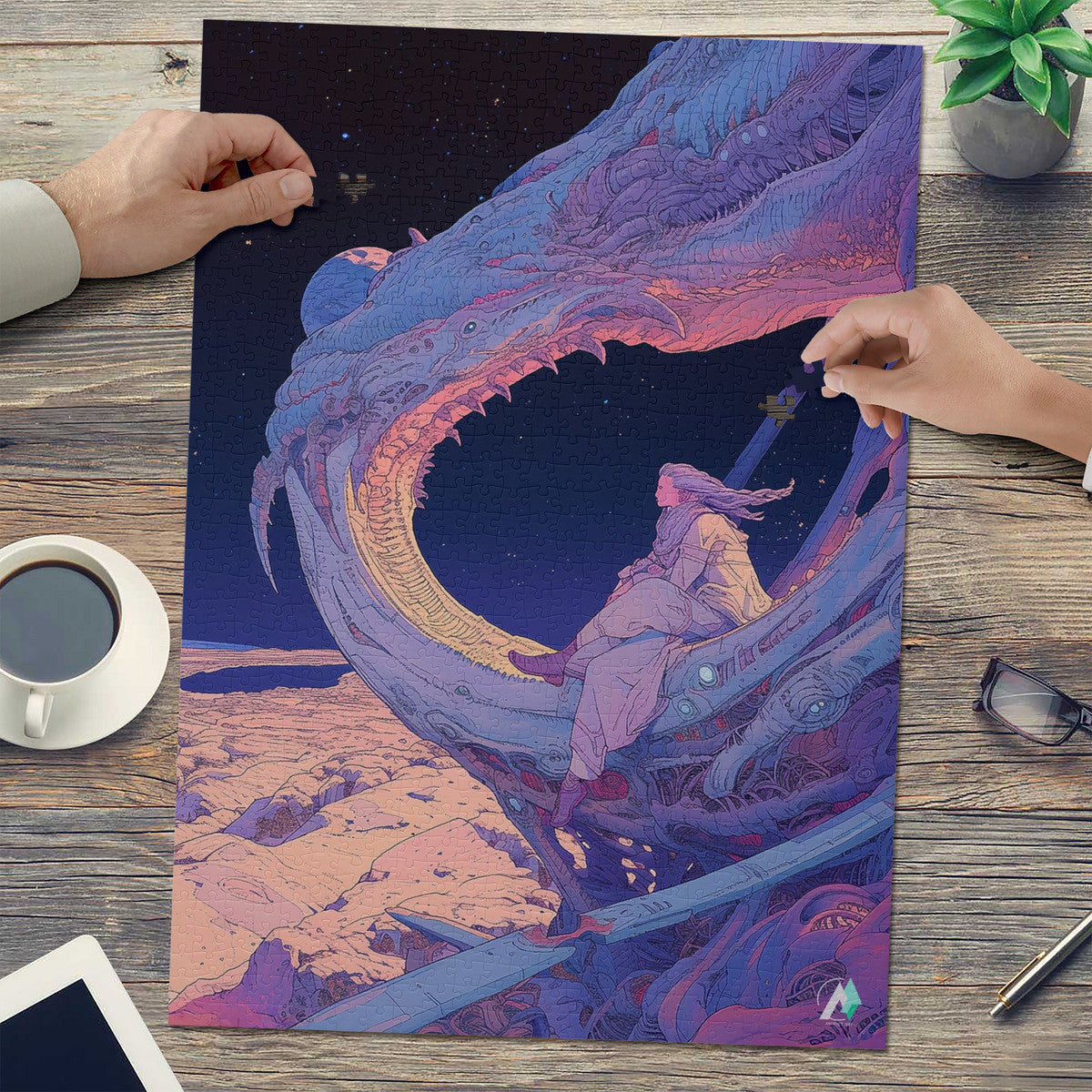 Galleria Galactica X Puzzle: A whimsical jigsaw featuring artwork of a woman overlooking an alien planet, crafted from premium ivory cardboard with a satin finish.