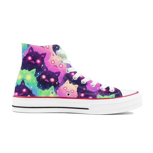 Side-view of Feline's Gaze II (Wht) high-top sneaker with neon cartoon cat faces, white laces, and red stripe above sole; unisex, made-to-order.