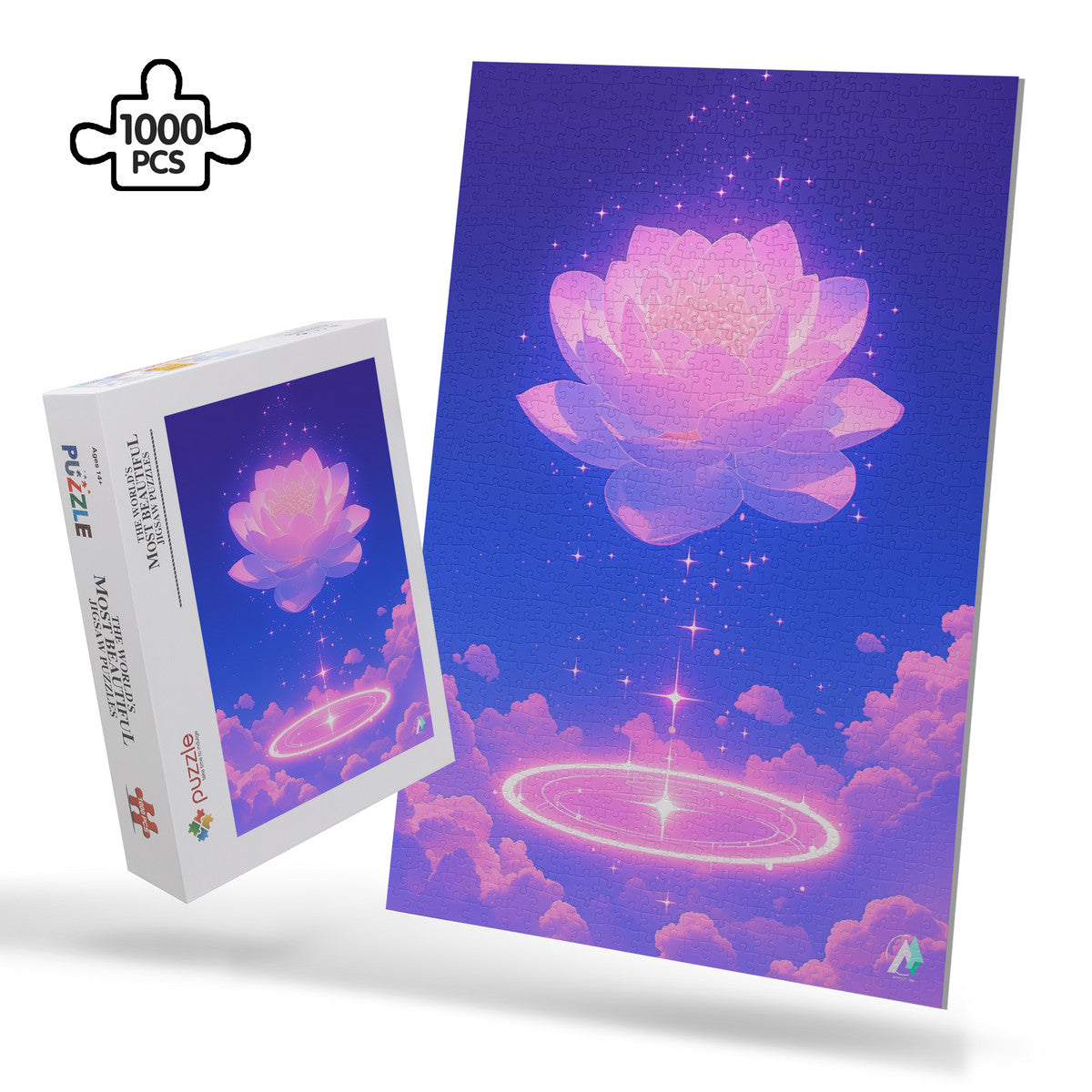 Celestial Bloom III Puzzle, featuring a flower design with clouds, available in 500 or 1000 pieces, crafted from premium ivory cardboard.