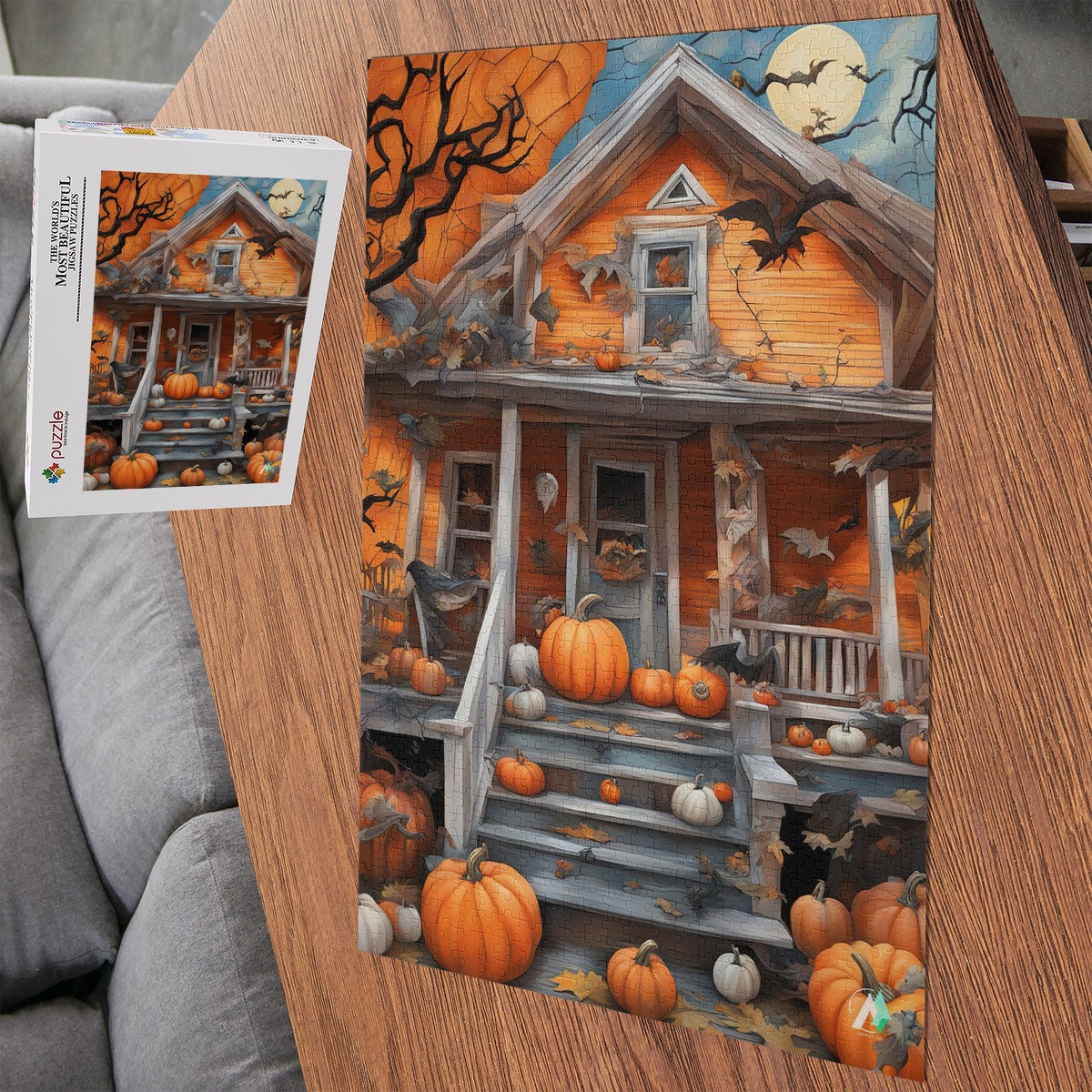 Pumpkin House puzzle featuring a whimsical house surrounded by pumpkins and bats, available in 500 and 1000 pieces, made from premium ivory cardboard.