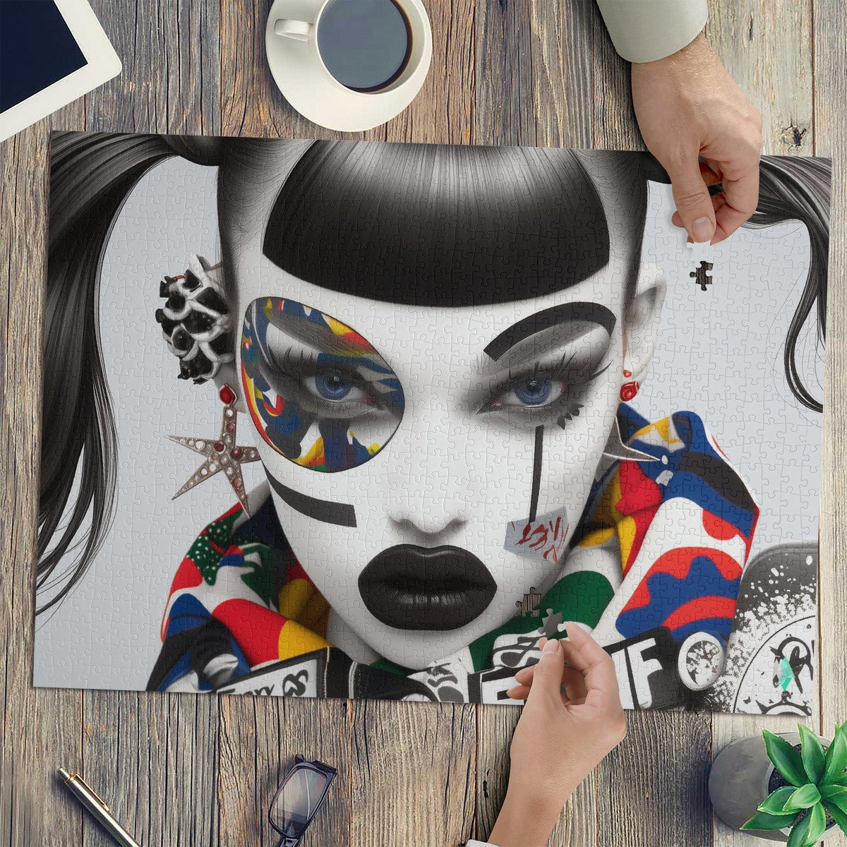 Fashion Quinn Puzzle features a striking black and white face art design by @shinjoku13, available in 500 or 1000 pieces for a creative challenge.