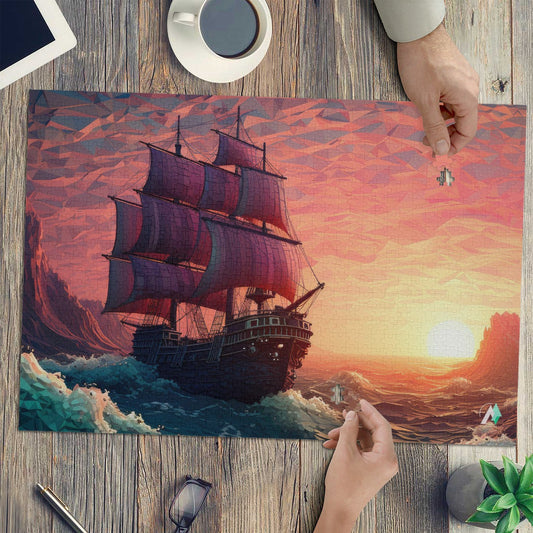 Long Journey Ship Puzzle depicting a ship with sails in the ocean, available in 500 or 1000 pieces, featuring premium ivory cardboard.