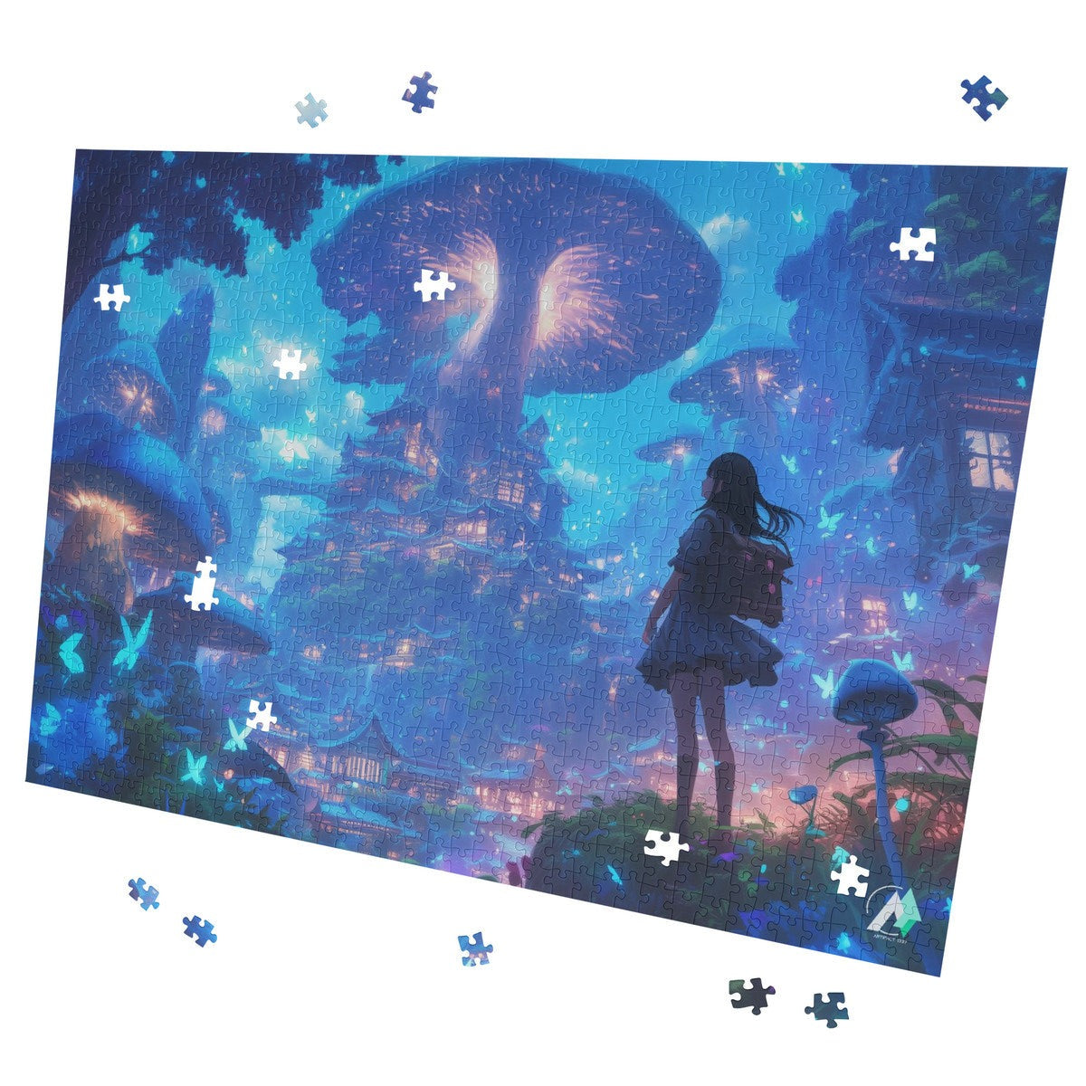 Forest of Magic IX Puzzle: A girl gazes at a whimsical mushroom city, featured in a 500 or 1000-piece premium jigsaw puzzle by artist @shinjoku13.