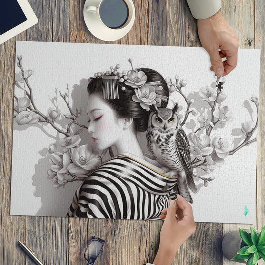 Geisha Perch Puzzle features a woman with an owl on her shoulder, available in 500 or 1000 pieces, crafted from premium ivory cardboard.