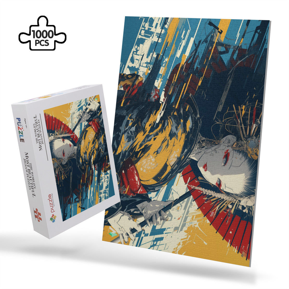 Geisha Borg Puzzle featuring a woman Japanese geisha robot holding an umbrella with intricate details, available in 500 or 1000 pieces. Artwork by @shinjoku13.