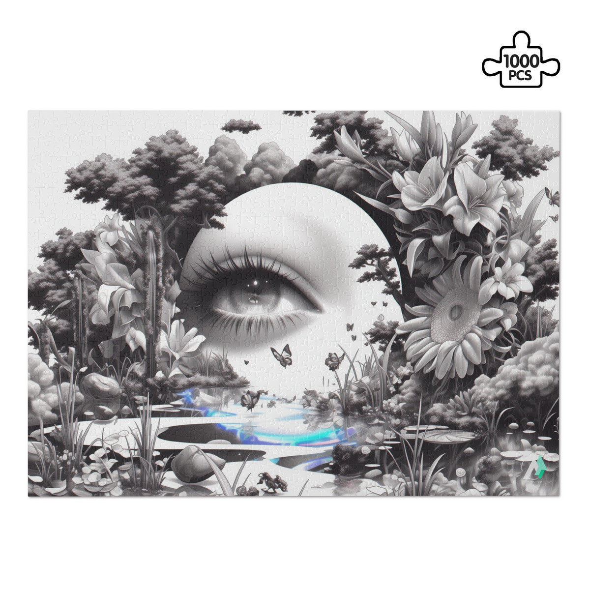 Peering Into I Puzzle: A visually intricate jigsaw featuring surreal art of eyes and butterflies, available in 500 or 1000 pieces, crafted from premium ivory cardboard.