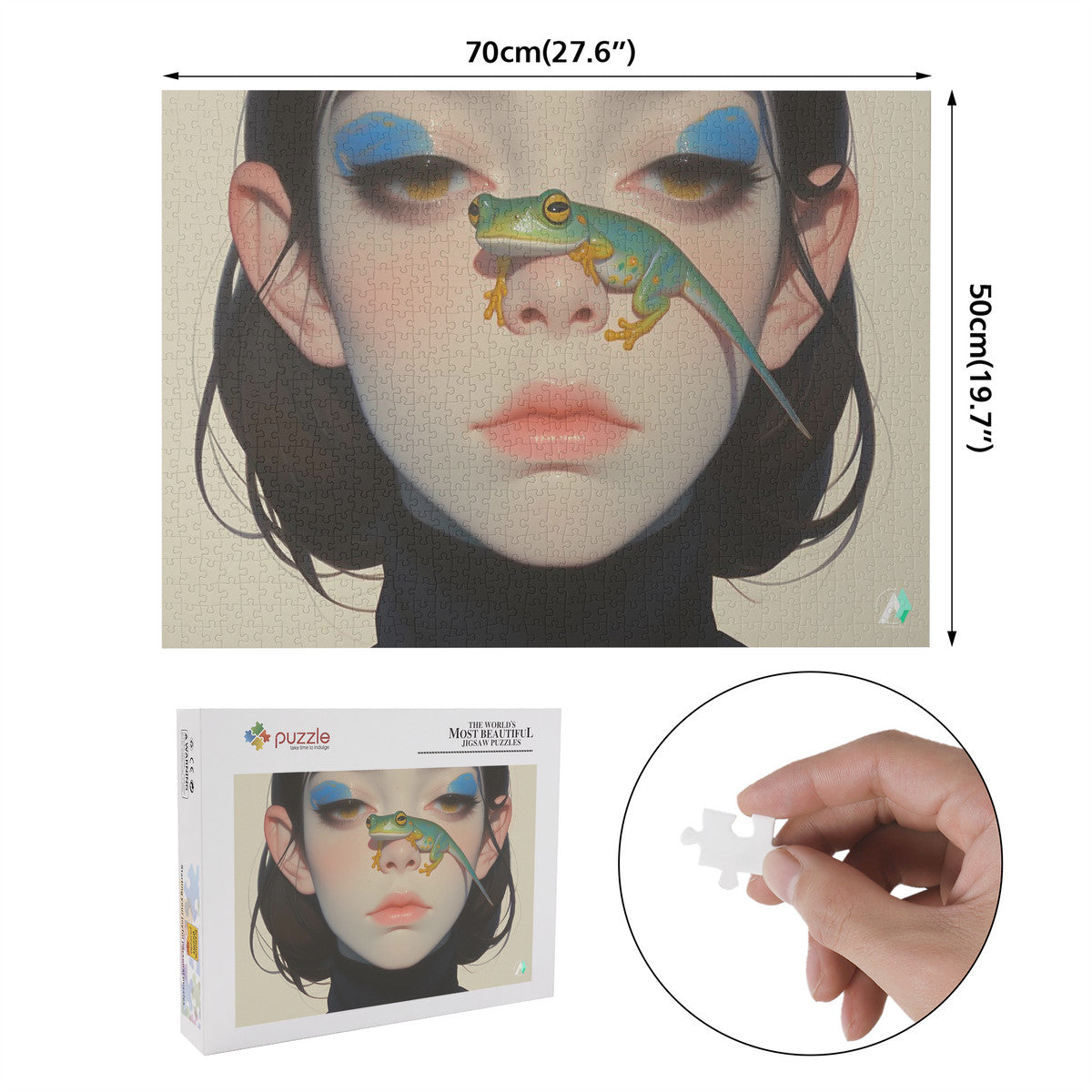 Surreal Feminine VII Puzzle depicting a woman with a lizard on her nose, crafted from premium ivory cardboard, available in 500 and 1000 pieces.
