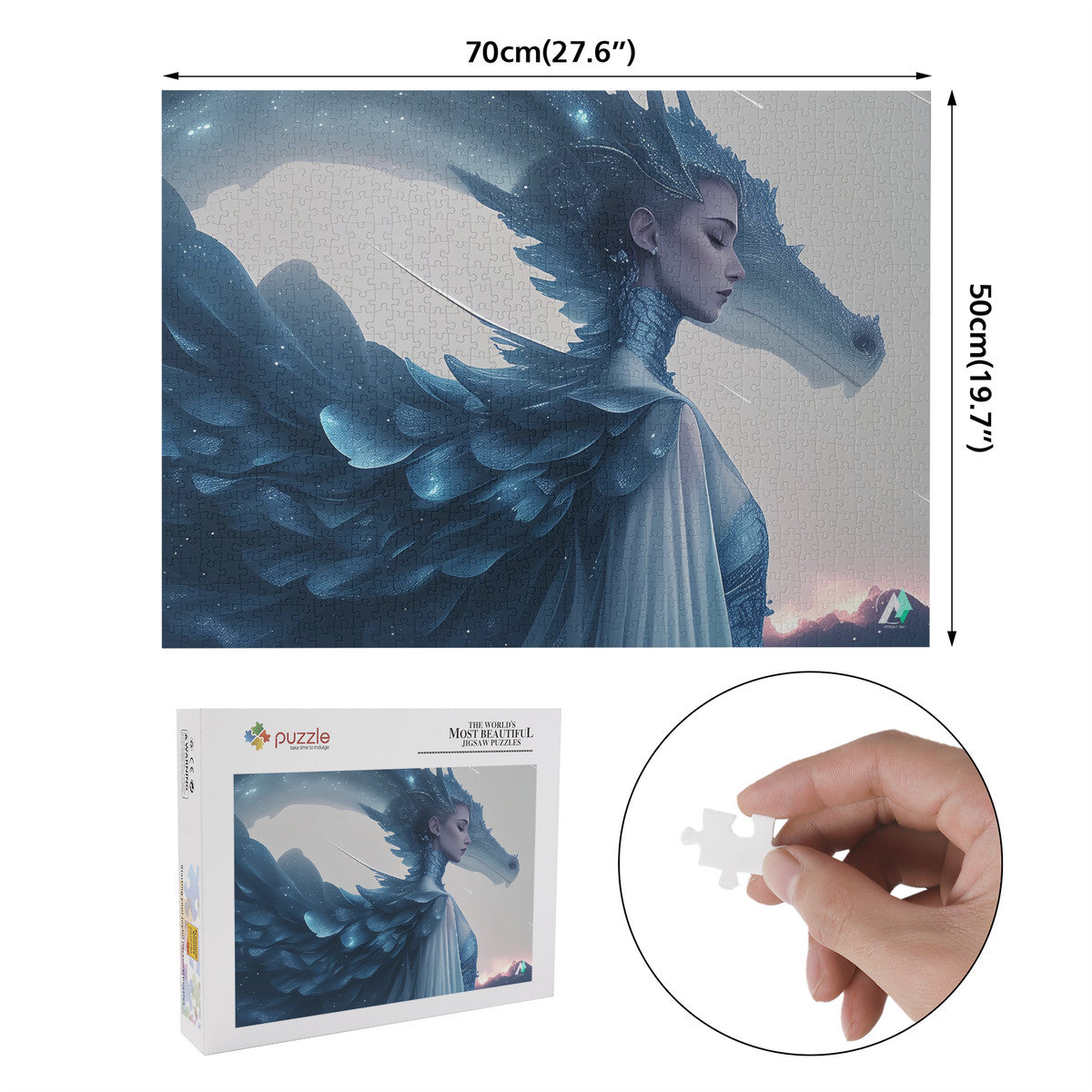 Wyvern Wyre V Puzzle: A jigsaw featuring a woman with a dragon-like head, available in 500 and 1000 pieces, crafted from premium ivory cardboard.