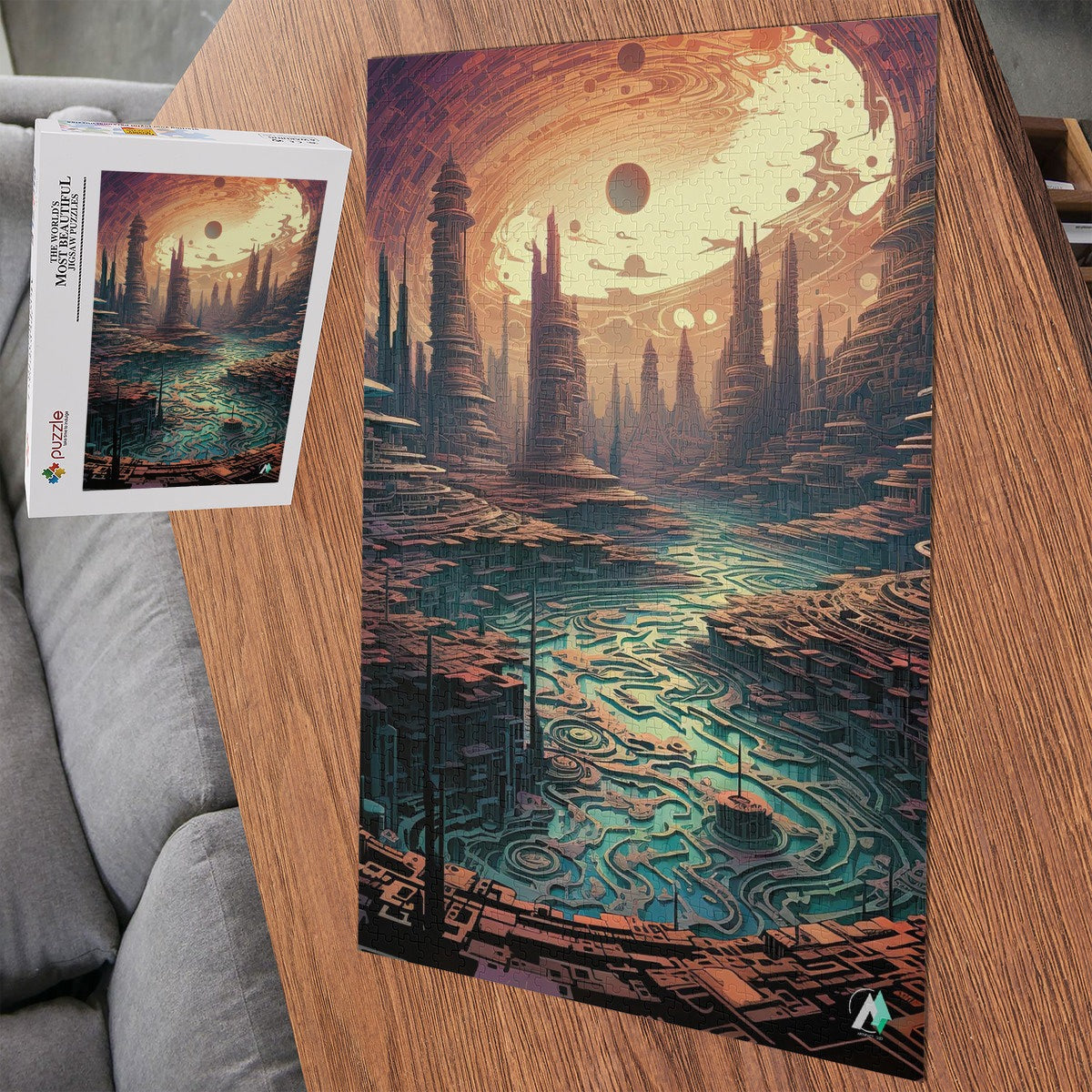 Jigsaw World Puzzle featuring a landscape with mountains and clouds, available in 500 or 1000 pieces, crafted from premium ivory cardboard.