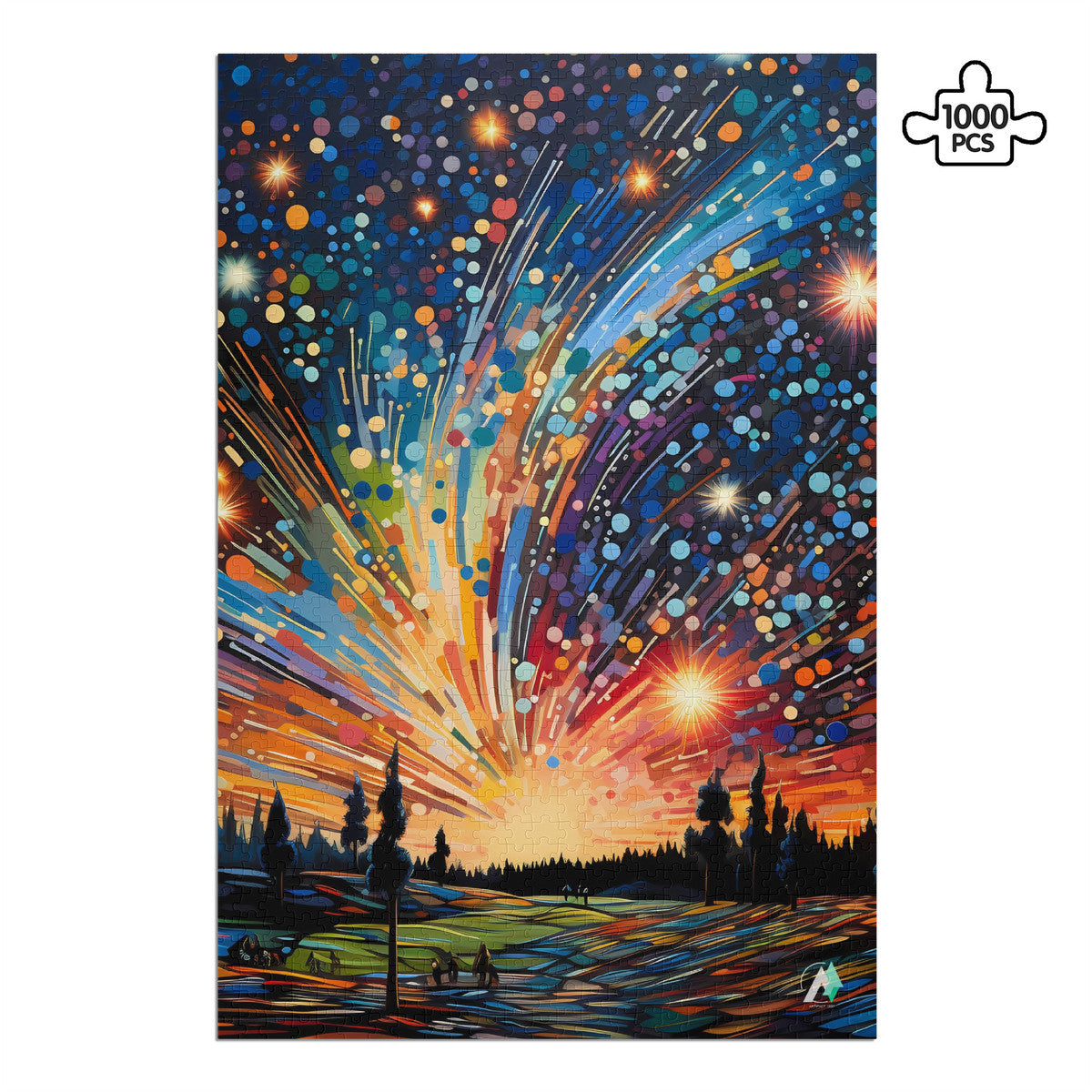 Meteor Shower Puzzle featuring vibrant artwork by @aihabit, available in 500 and 1000 pieces, crafted from premium ivory cardboard with satin finish.