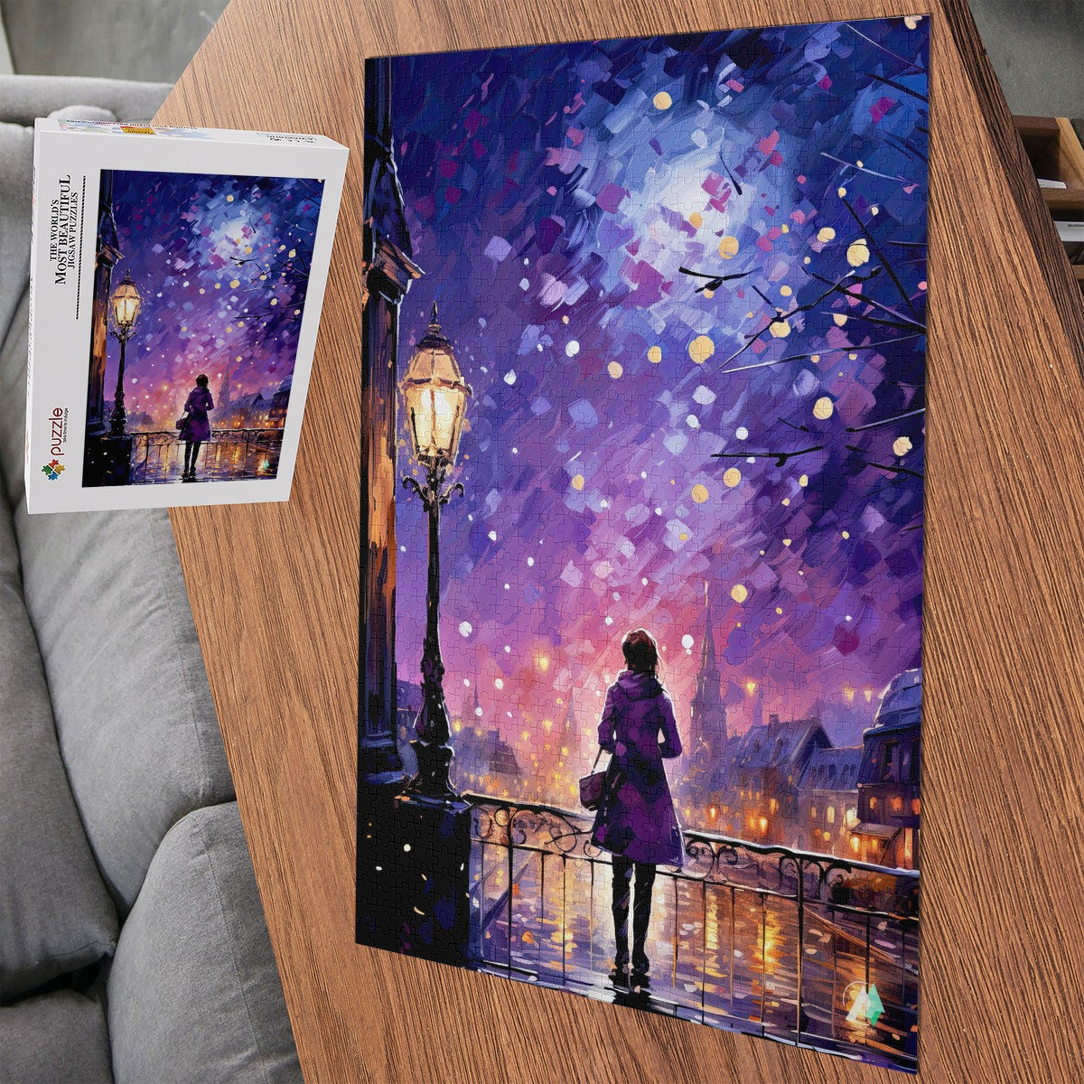 Paris in Lavender II puzzle featuring a woman on a bridge under a street lamp, available in 500 or 1000 pieces, premium cardboard finish.