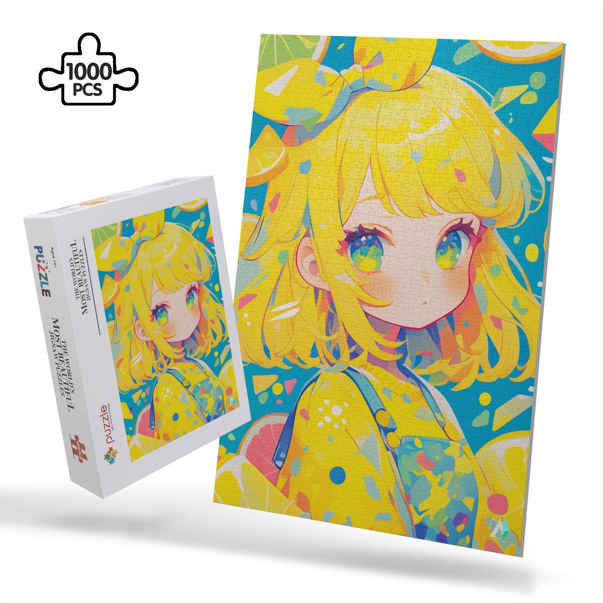 Chibi Lemona Puzzle featuring a cartoon girl illustration with bright lemon colored hair, available in 500 and 1000 pieces, crafted from premium ivory cardboard with satin finish.