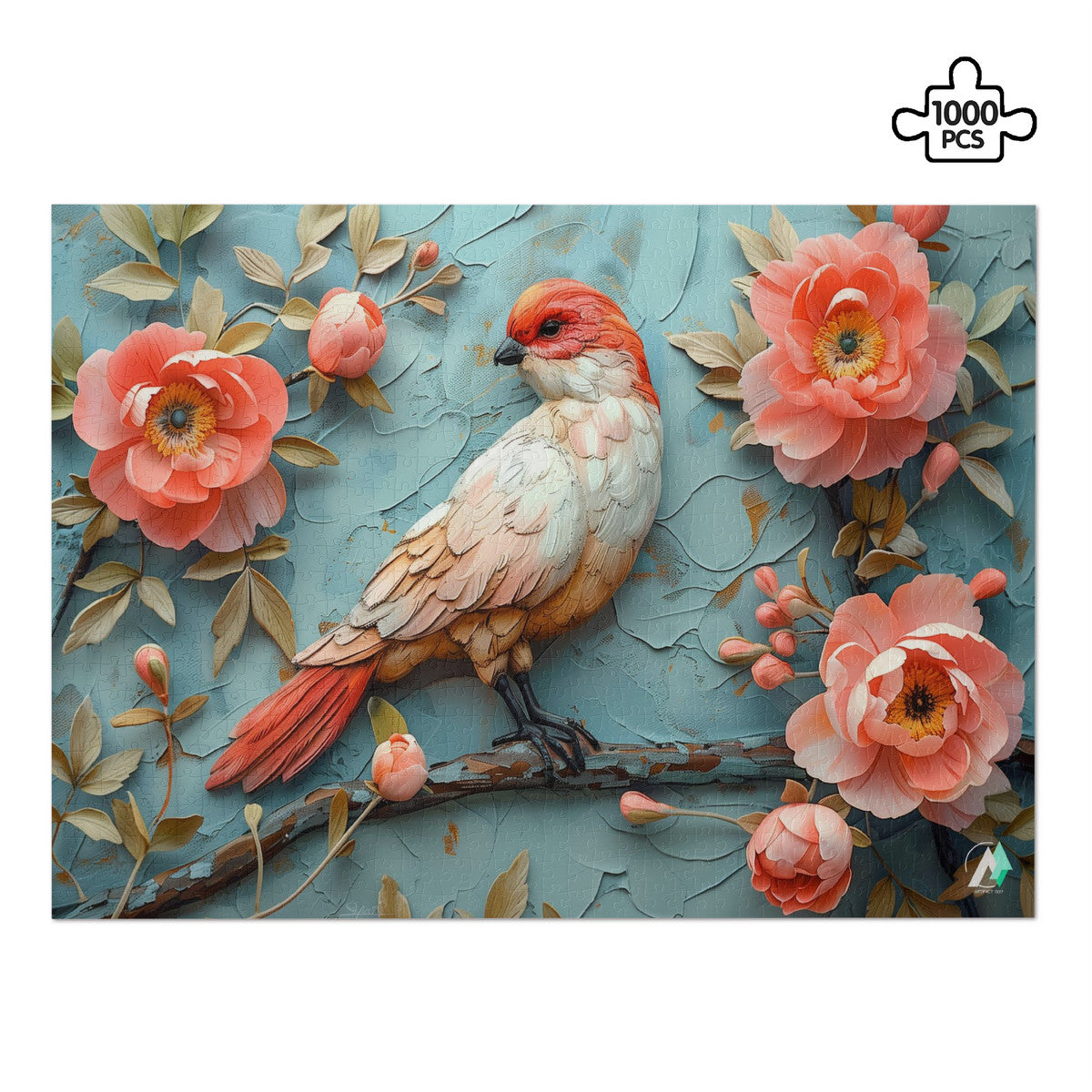Blossom's Balladeer II Puzzle featuring a bird perched on a branch amidst flowers, available in 500 or 1000 pieces, crafted from premium ivory cardboard.