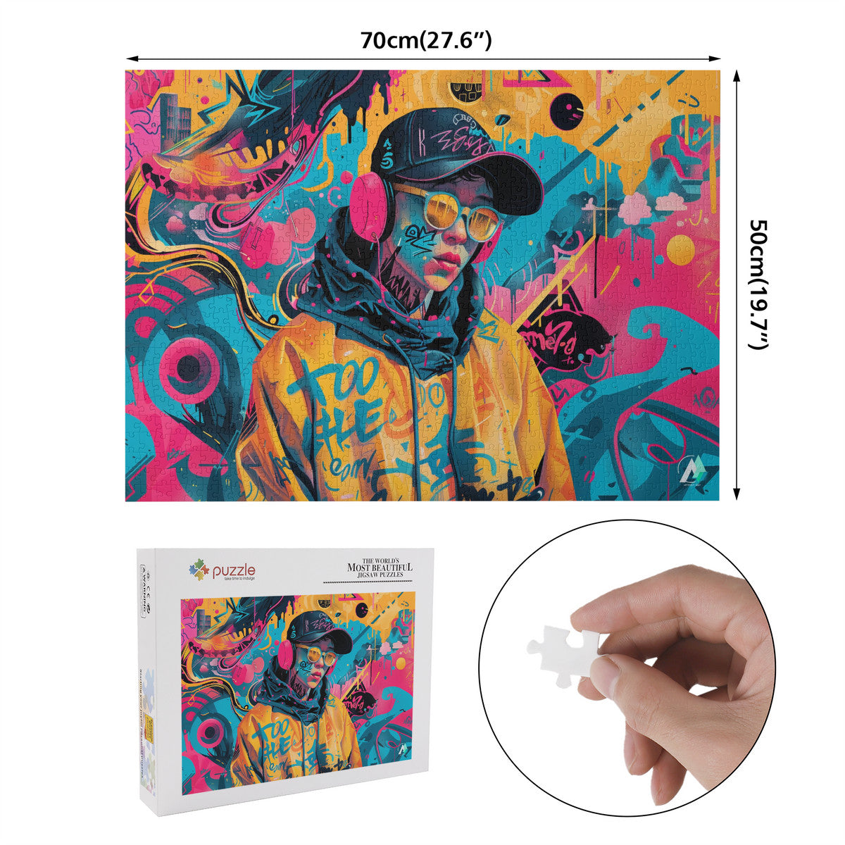 Streetwear Abstraction I Puzzle, depicting a boy in a hat and sunglasses, crafted from premium ivory cardboard. Available in 500 and 1000 pieces.