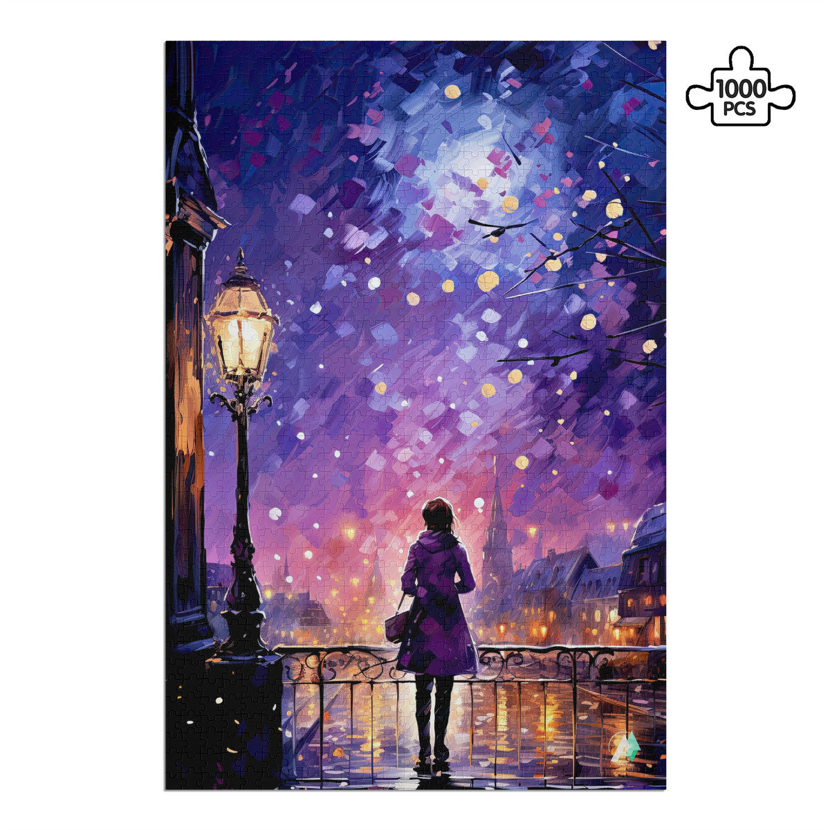 Paris in Lavender II puzzle featuring a woman on a bridge under a street lamp, available in 500 or 1000 pieces, premium cardboard finish.