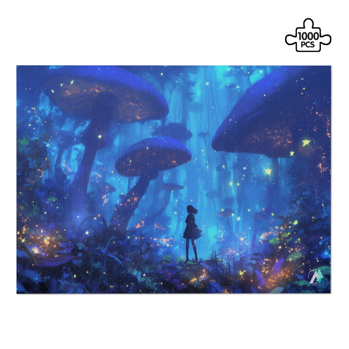 Forest of Magic VIII Puzzle, depicting a girl in a mystical forest, crafted from premium ivory cardboard, available in 500 and 1000 pieces.