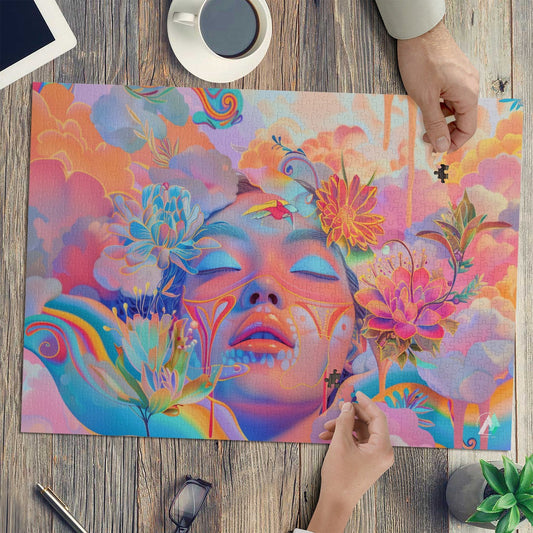 Indian Veda in Pastels II Puzzle: A 500 or 1000-piece puzzle featuring a woman's face adorned with flowers, showcasing modern art by @shinjoku13.