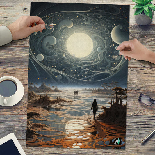 Celestial Portal I Puzzle: A person walks on an alien landscape on a moon with planets in a space scene. Available in 500 or 1000 pieces, featuring premium cardboard.