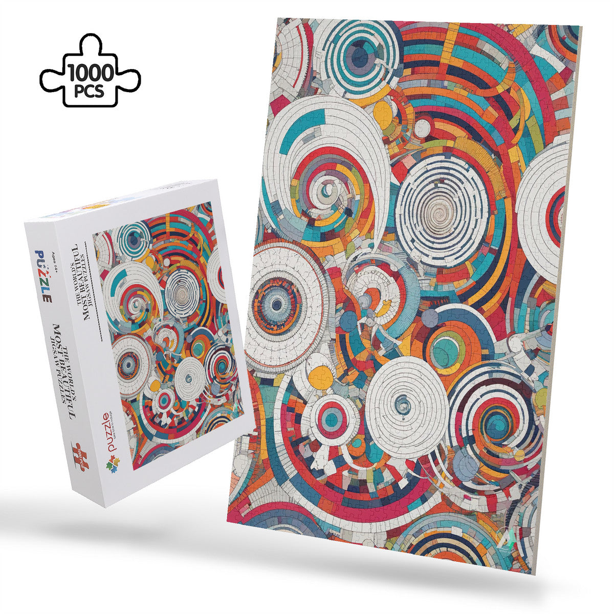 Spiral Abstraction I Puzzle featuring a vibrant, psychedelic spiral design, available in 500 or 1000 pieces, crafted from premium ivory cardboard with a satin finish.