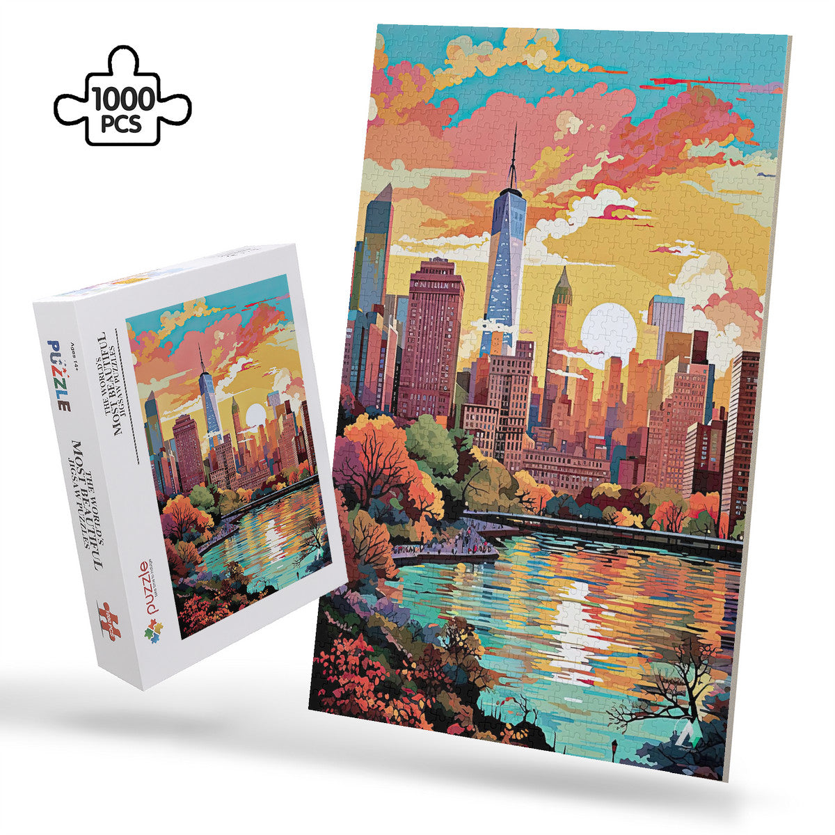 New York in Pastels I Puzzle features a cityscape design, showcasing skyscrapers and buildings in vibrant colors, available in 500 or 1000 pieces, made from premium ivory cardboard.