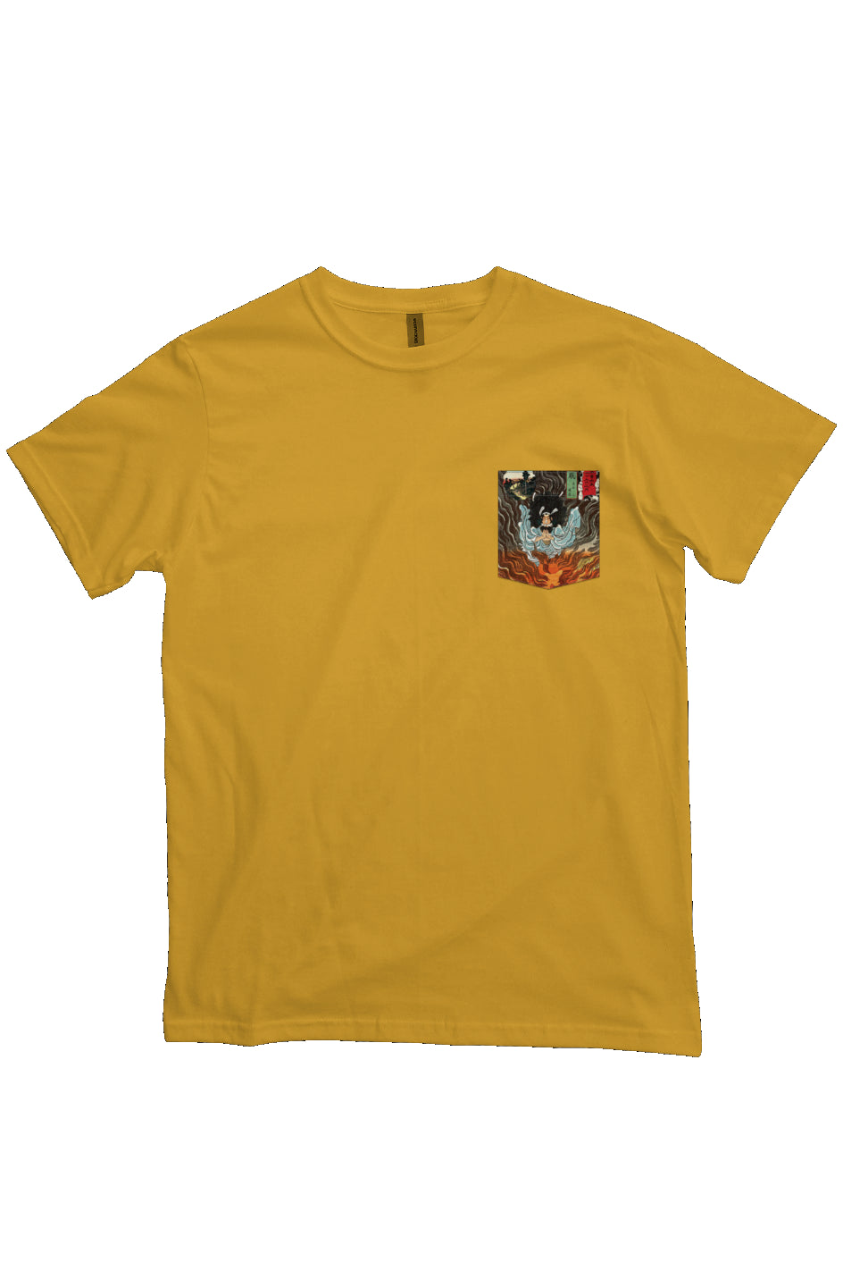 Yellow t-shirt with a pocket featuring a small Japanese Ukiyo-e block art painting, designed for active wear.