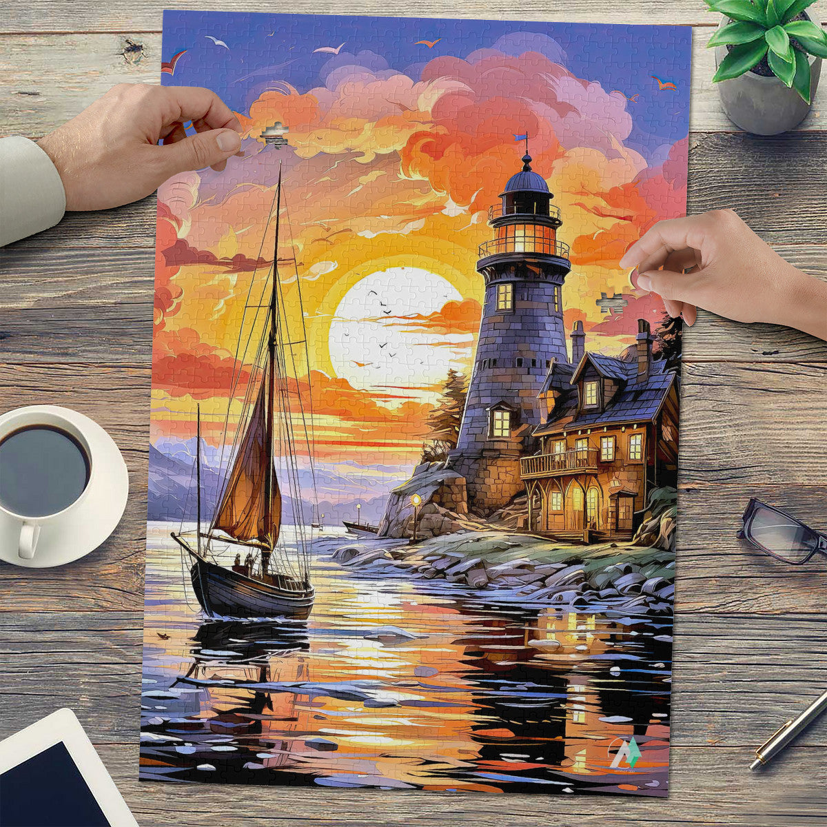 Hands holding a puzzle piece over a puzzle depicting a sailboat and lighthouse at sunset, with a cup of coffee and a green plant in the background.