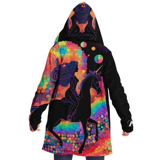 Person wearing Rainbow Runner 1337 Cloak, featuring a unicorn and rider design, showcasing premium micro-mink fabric and plush fleece lining for ultimate comfort.