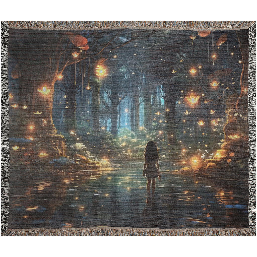 A digital image of a girl standing in a pond, surrounded by a magical and glowing forest.