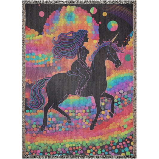 A digital image of a blacked-out unicorn and rider galloping on a rainbow road.