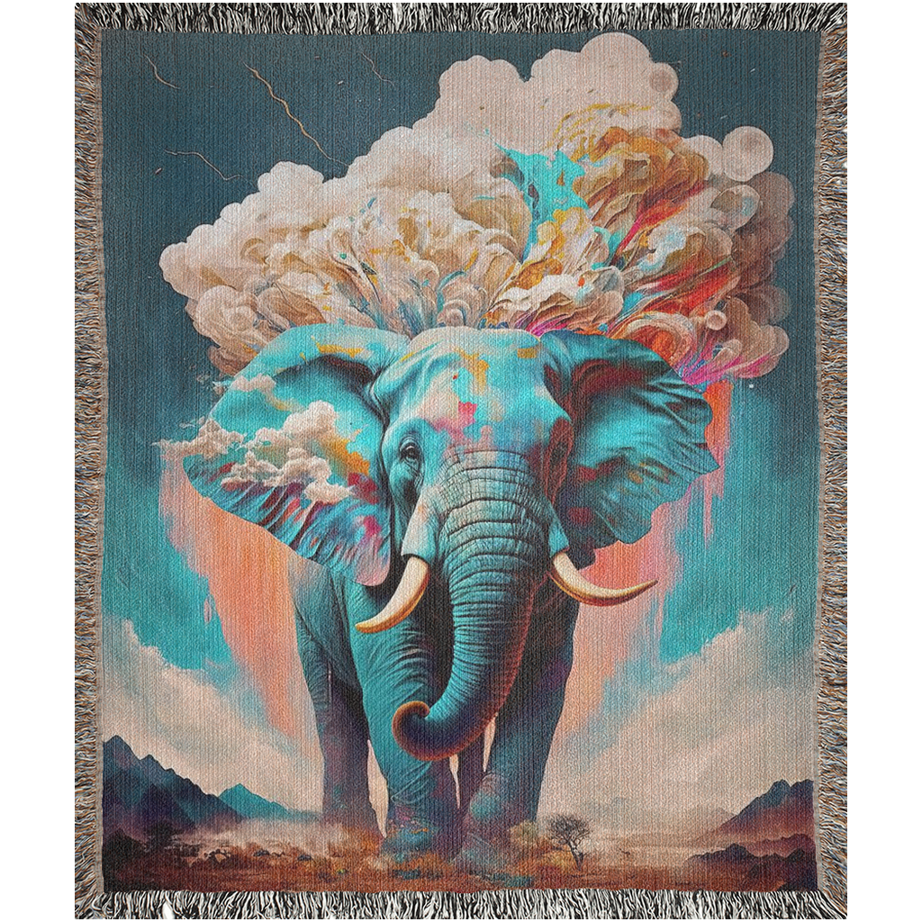 Towering over the landscape, a colossal elephant with clouds on its head. A divine and awe-inspiring sight to behold.