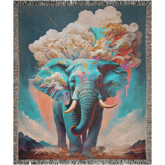 Elemental Elephant Woven Blanket featuring a vibrant elephant design with cloud patterns, showcasing artistic detail and luxury for home décor.
