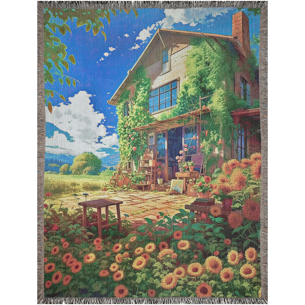 Digital art of a country cottage surrounded by sunflowers