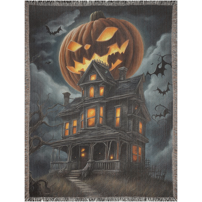 A digital illustration of a spooky old home with a giant pumpkin floating in the sky above.