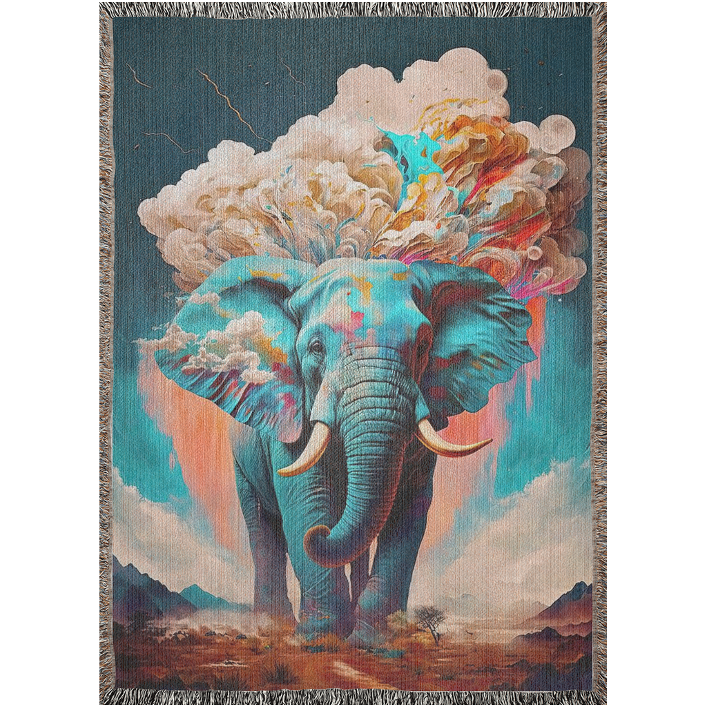 Towering over the landscape, a colossal elephant with clouds on its head. A divine and awe-inspiring sight to behold.