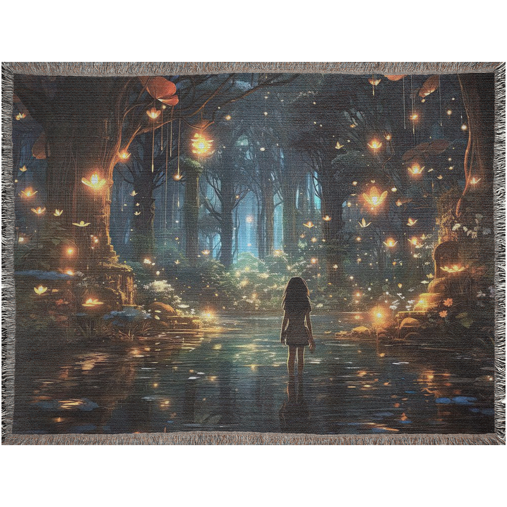 A digital image of a girl standing in a pond, surrounded by a magical and glowing forest.