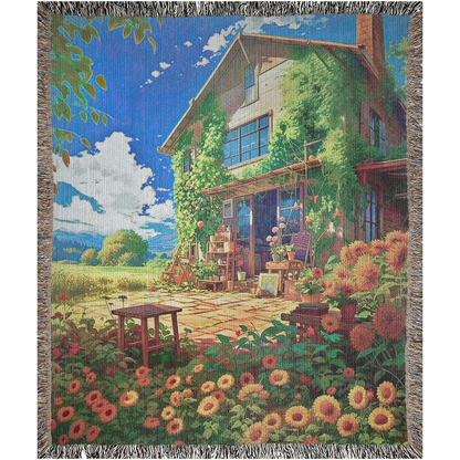 Digital art of a country cottage surrounded by sunflowers