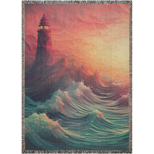 Long Journey Beacon Woven Blanket featuring a lighthouse art design, perfect for adding luxury and personality to home décor or gifting.