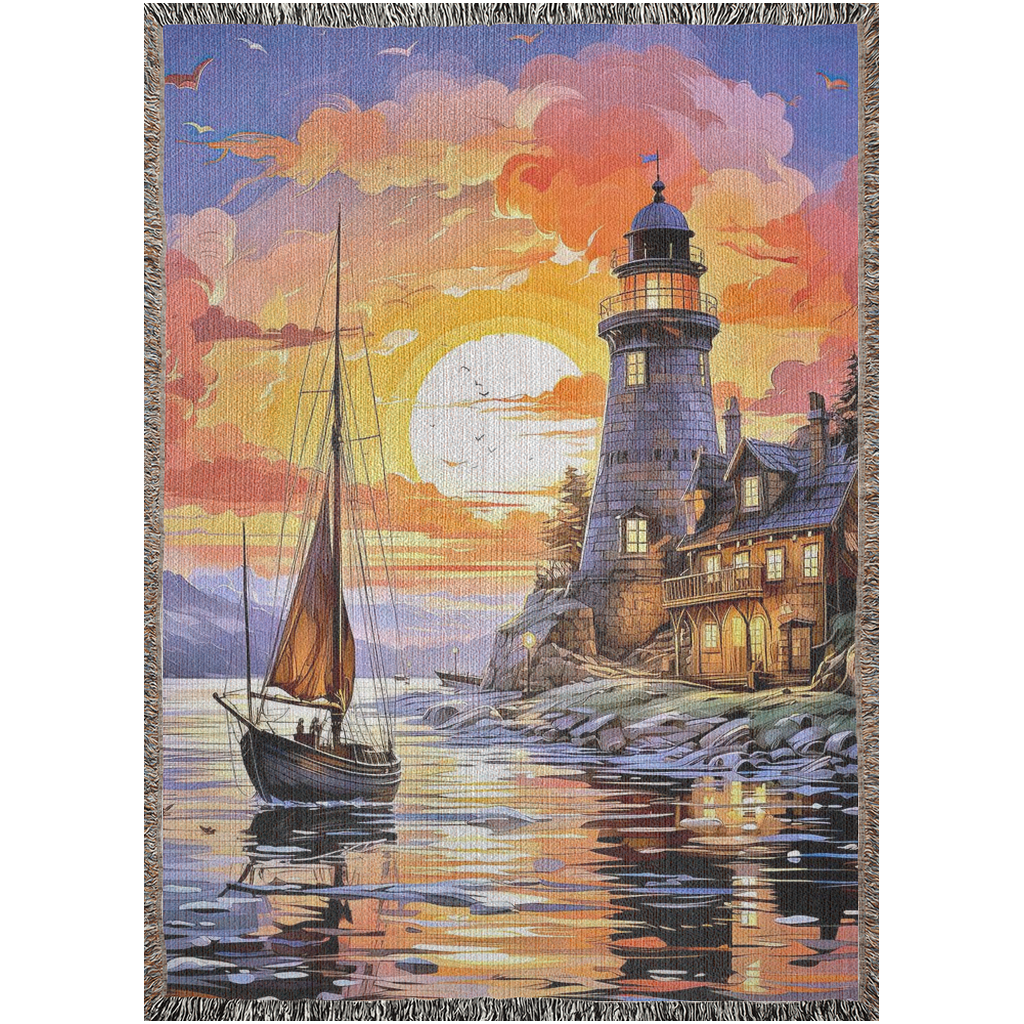 Digital Art of a lighthouse, small house, sail boat, nature and big sunset. Serenity