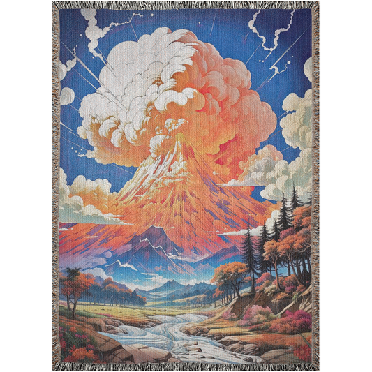 Summit Eruption Woven Blanket featuring a vibrant tapestry of a volcano, crafted from 100% cotton, perfect as a decorative throw or wall art.