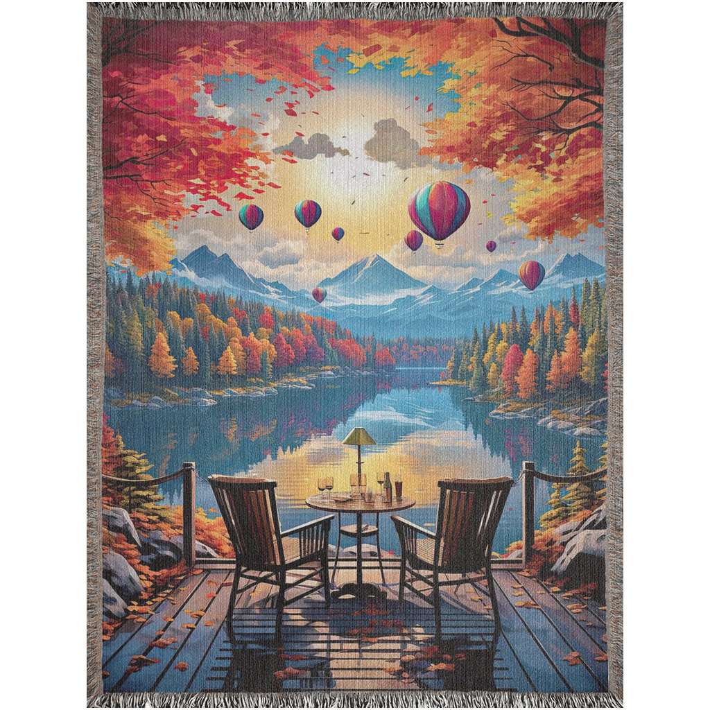 A digital painting of a deck with chairs, overlooking a serene lake with air balloons floating above. The forest in the background is turning to the color of Autumn.