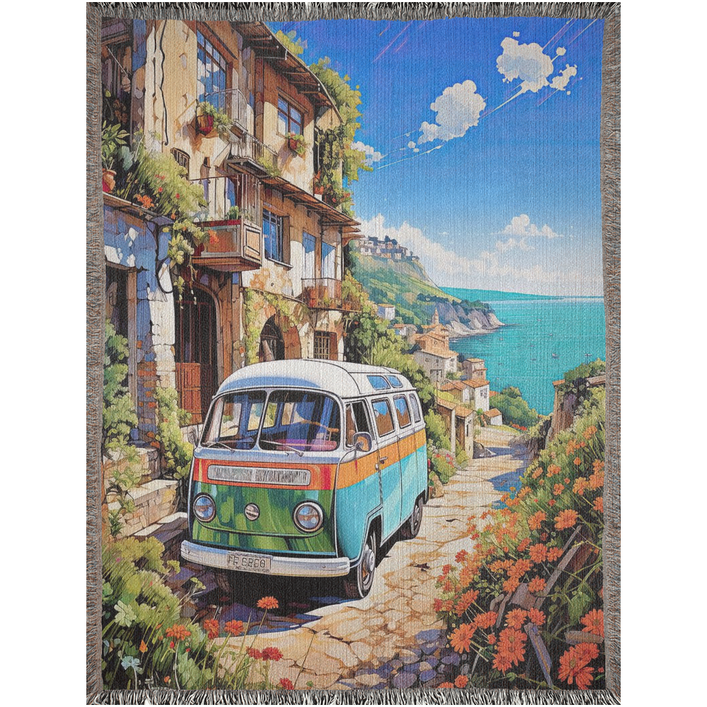 A digital image of an old-school van parked at a seaside village on the Mediterranean.