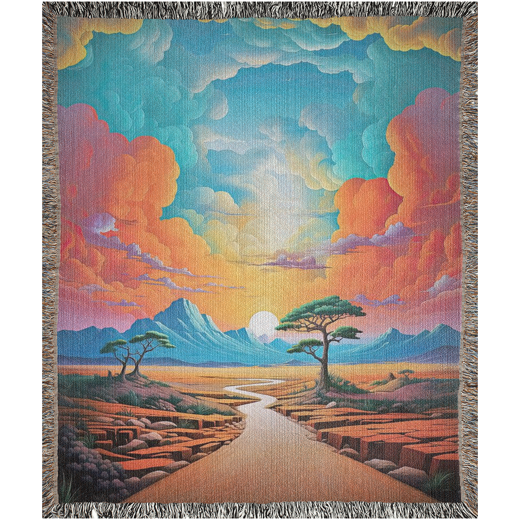 A digital image of a desert road, with multi-colored clouds above.